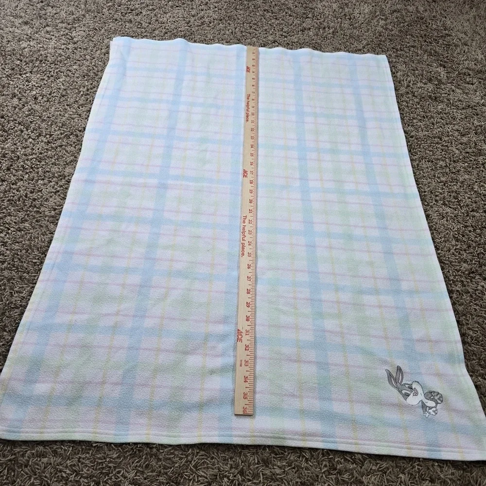 VTG Looney Tunes Baby Bugs Bunny Embroidered Pastel Plaid Fleece Baby Blanket‎